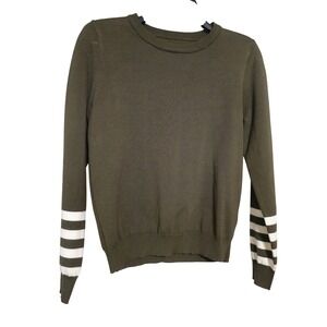 Olive Green Crewneck Sweater with White Stripe Cuffs Size S EUC